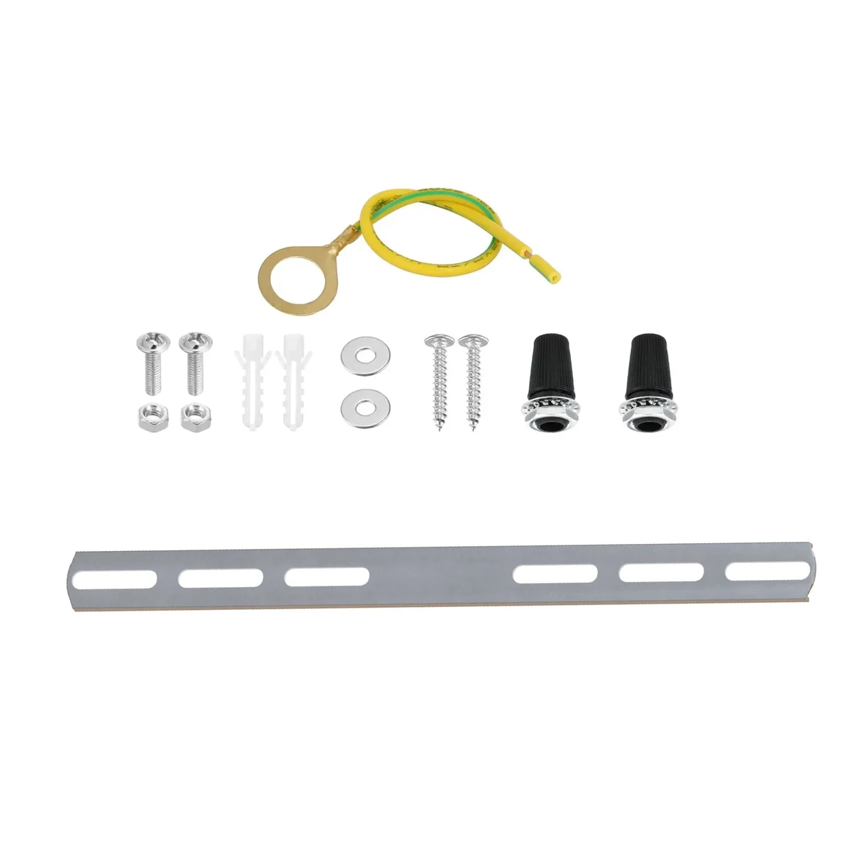 Silver metal ceiling light plate kit with mounting bracket, screws, nuts, wall plugs, and earth lead accessories laid out
