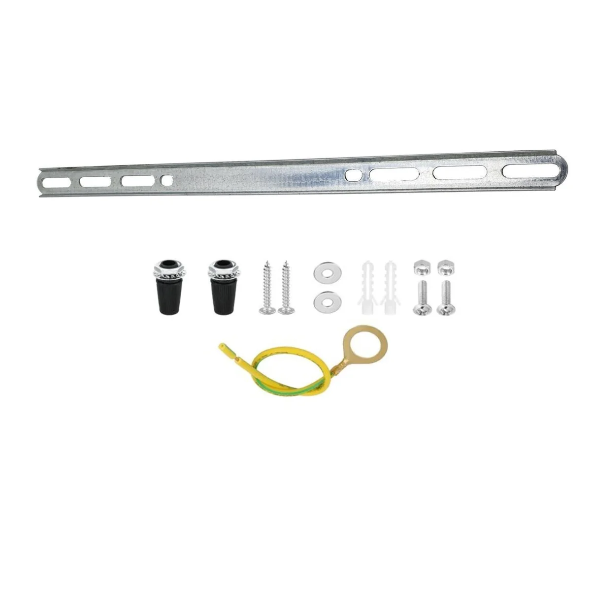 Silver metal ceiling light plate kit with mounting bracket, screws, nuts, and wall plugs for ceiling lamp installation