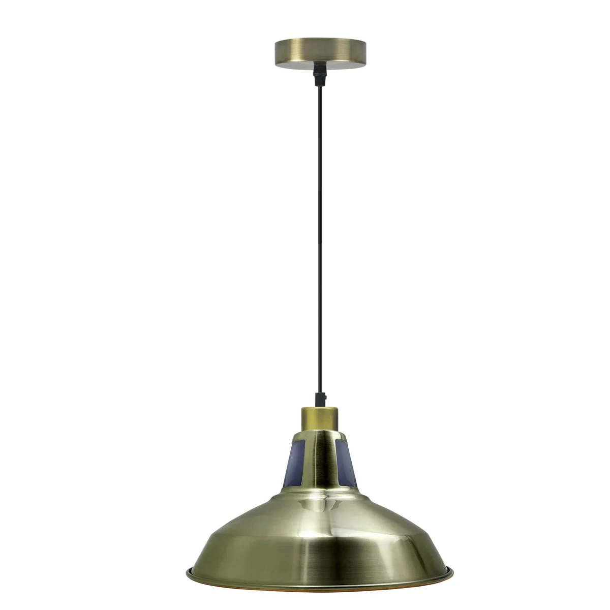 Green brass metal barn pendant with slotted shade, 30cm diameter, hanging cord, and ceiling canopy for indoor lighting
