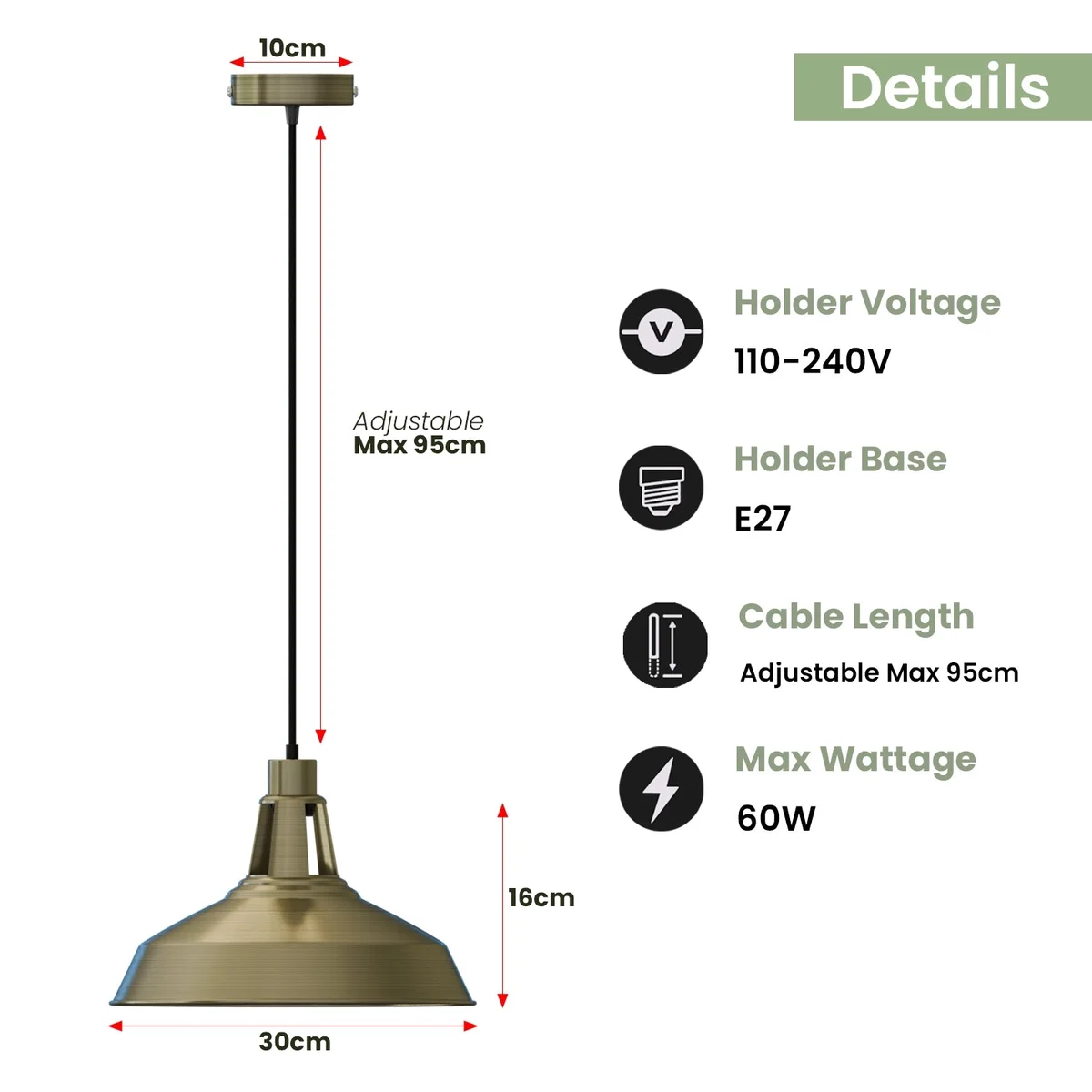 Green brass industrial pendant light with slotted metal barn shade, 30cm diameter, hanging from 95cm PVC cable