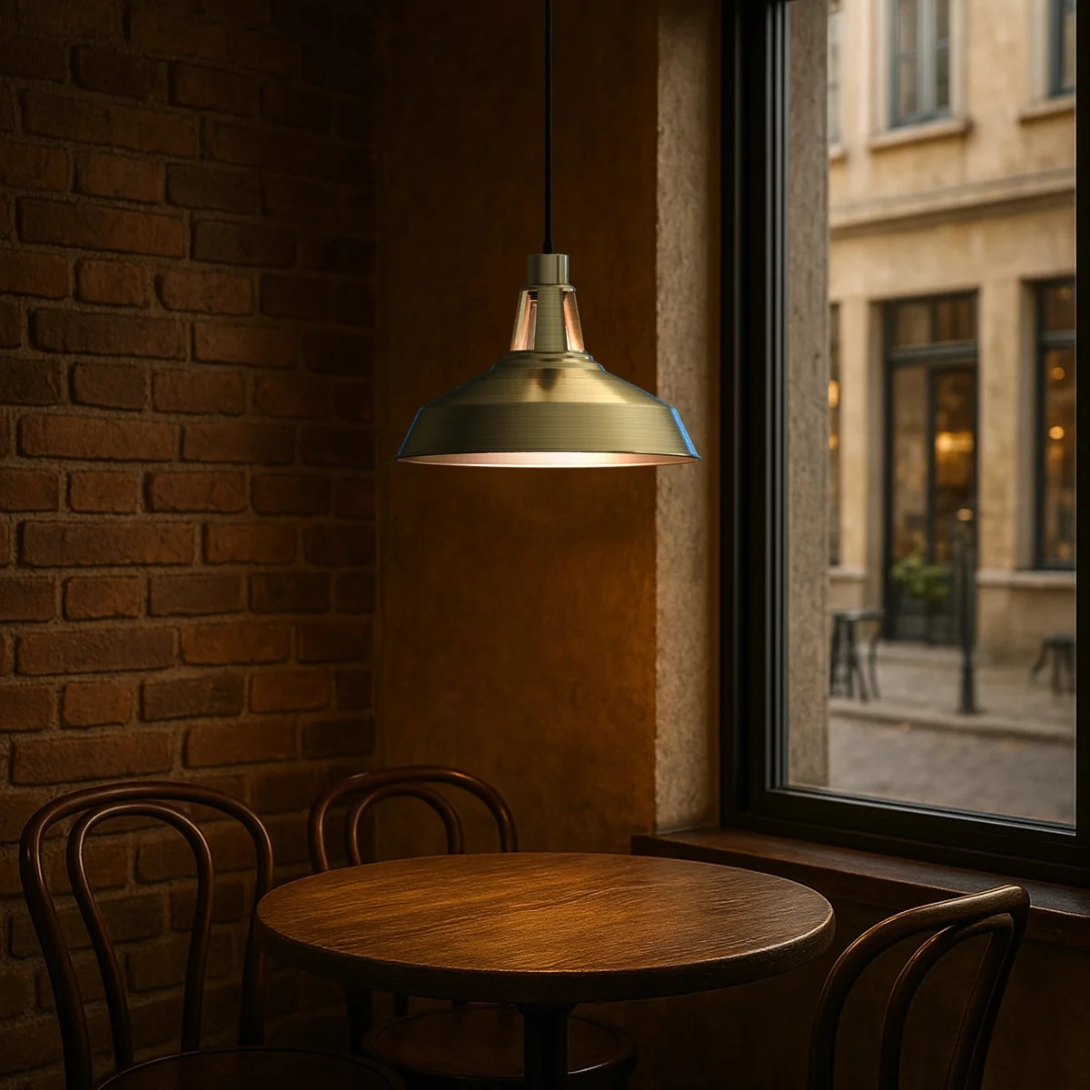 Green brass industrial pendant light with slotted metal barn shade and 95cm PVC cable hanging from ceiling