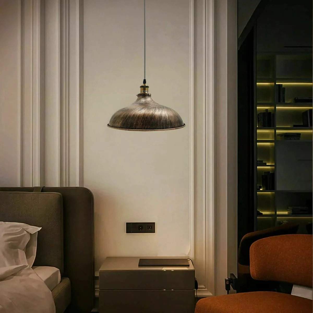 Vintage hanging brushed copper shade pendant light with matte black curves and adjustable cable pendant design