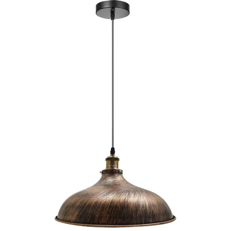 Brushed copper pendant light with matte black sculptural shade hanging from ceiling with 195cm cable and ceiling rose