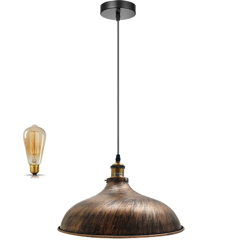 Brushed copper pendant light with matte black curved metal shade hanging from ceiling with 195cm cable and ceiling rose