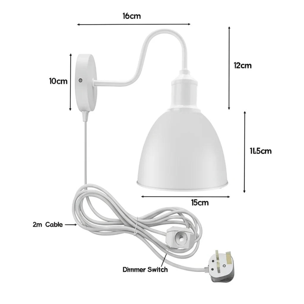 Vintage industrial-style metal wall lamp with oval metal shade, 2m fabric cable, and UK plug-in dimmer switch