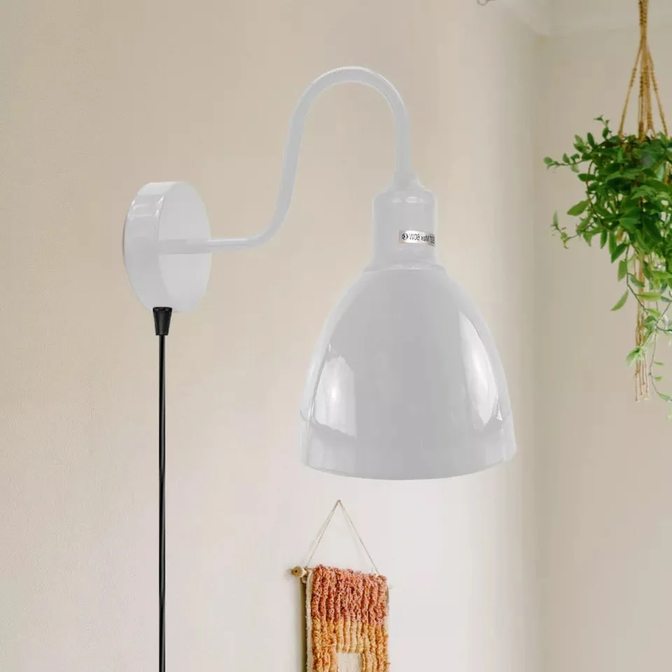 Vintage industrial metal plug-in wall sconce with oval lampshade, 2m fabric cable, and dimmer switch on UK plug