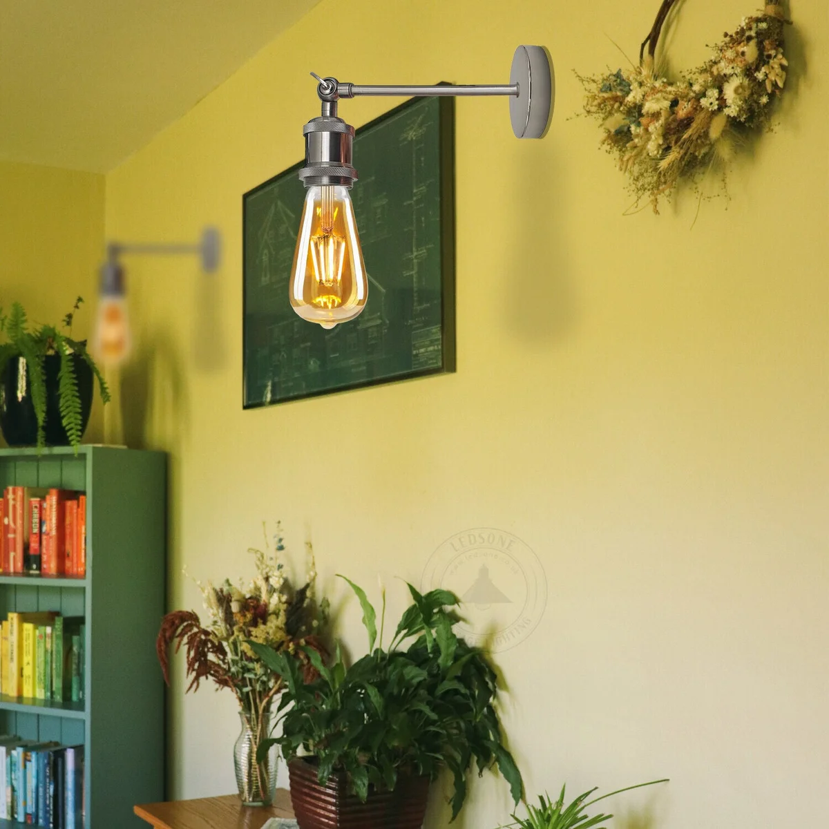 Chrome industrial wall light metal sconce with adjustable arm and exposed bulb, vintage warehouse style fixture