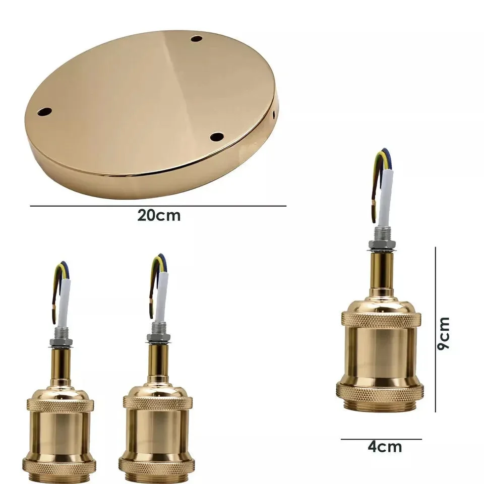 Modern 3 way semi flush ceiling light with three French gold iron holders and Edison-style bulb fittings on a round ceiling rose