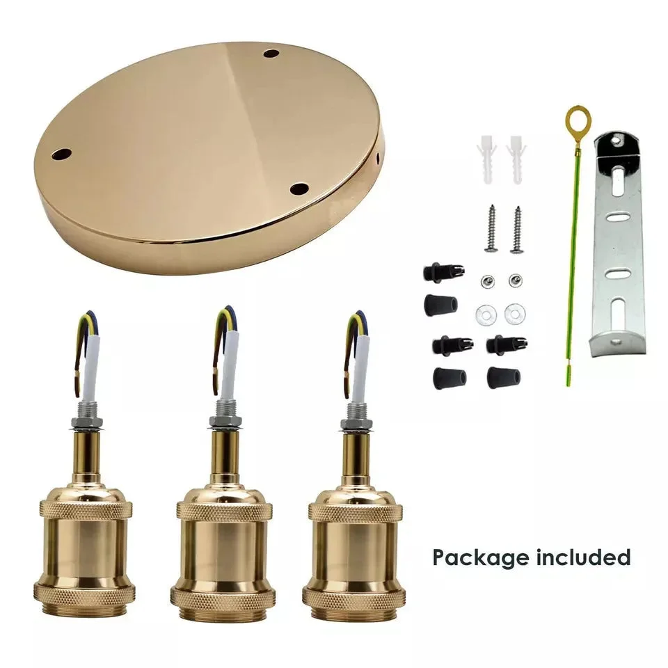 Modern 3 way semi flush industrial ceiling light in French gold with three Edison-style bulb holders on a round ceiling rose