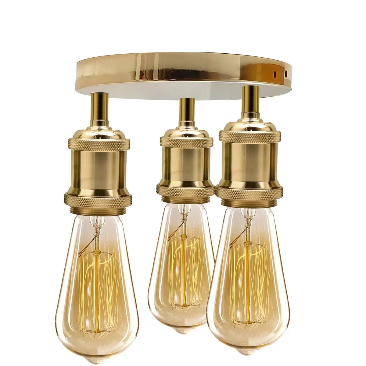 Modern 3 way semi flush Edison filament ceiling light in French gold iron with three E27 bulb holders and ceiling rose