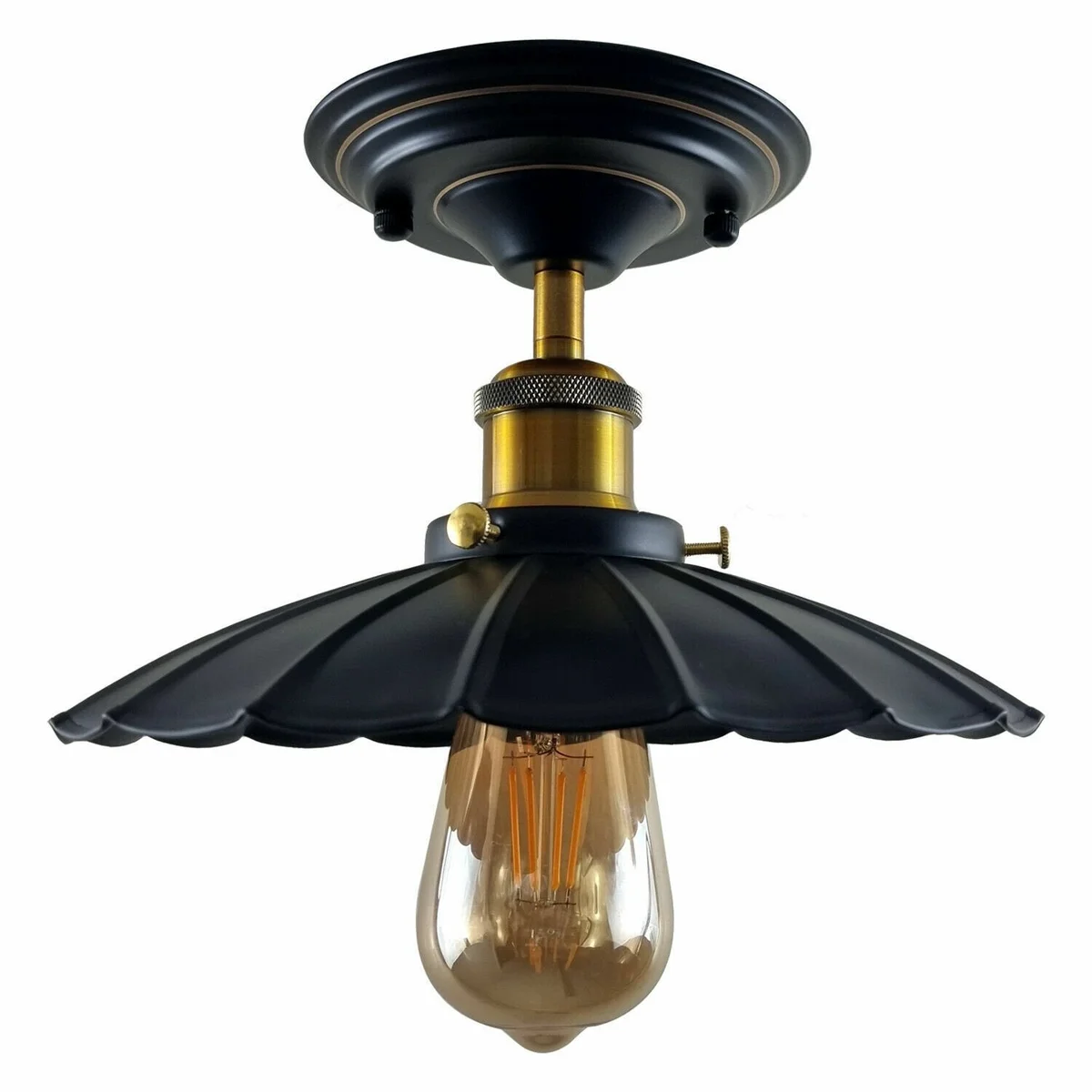 Flush mounted industrial ceiling light with metal base in black and brushed copper, 14cm x 4cm.