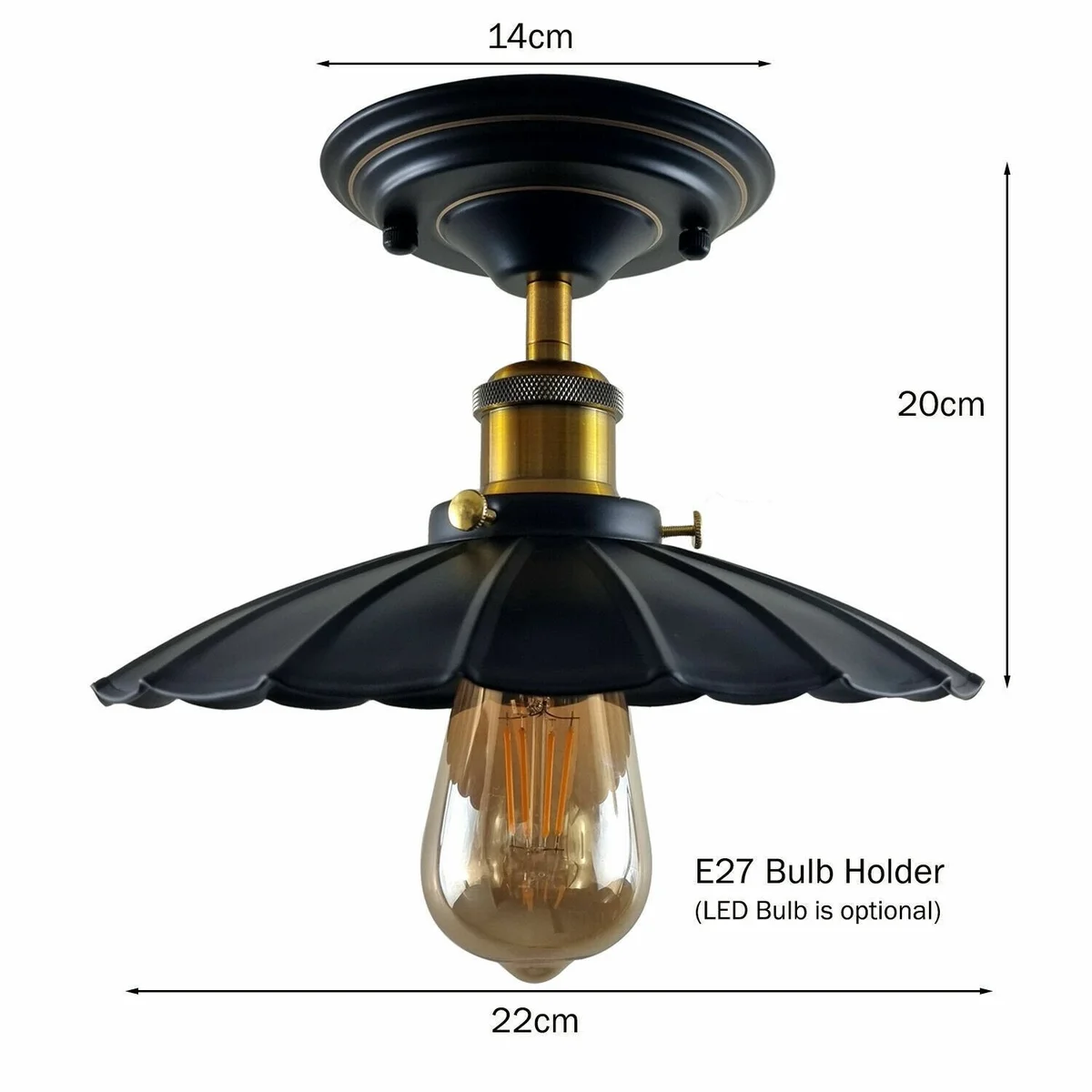 Flush mount ceiling lamp with vintage industrial black metal design, 14 cm wide plate and 4 cm shade opening