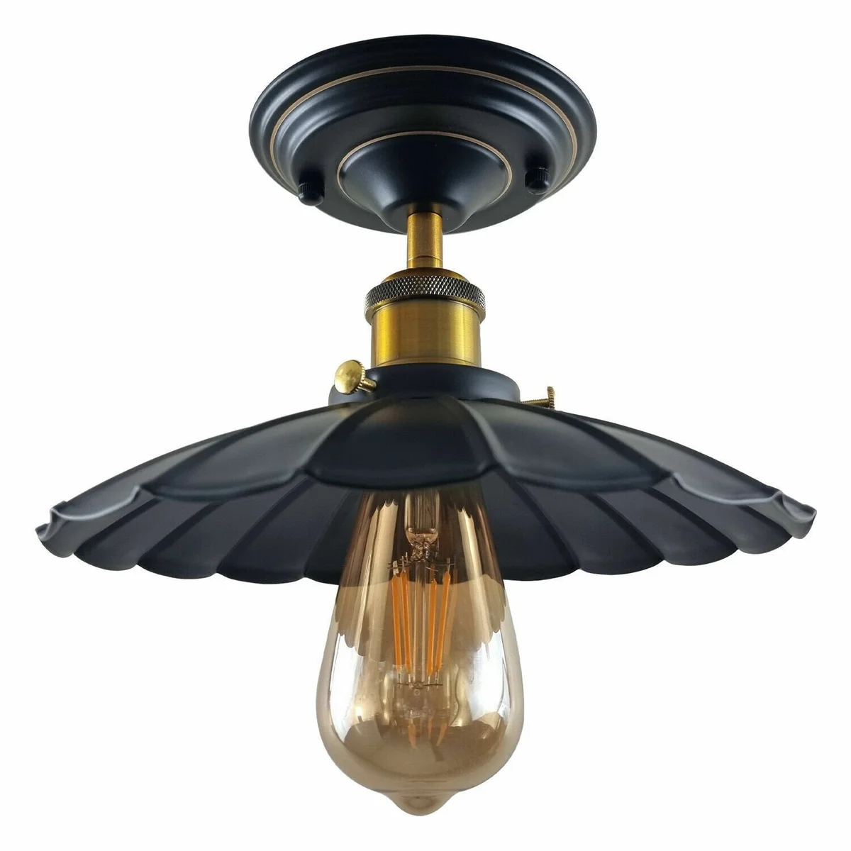E27 ceiling light with metal housing, brushed copper, flush mount design, bulb holder and light cage.