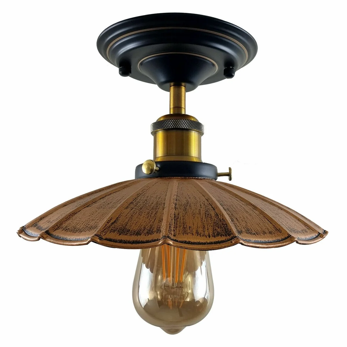 Flush‑mounted vintage lamp in brushed copper light with 14 cm x 4 cm round shade