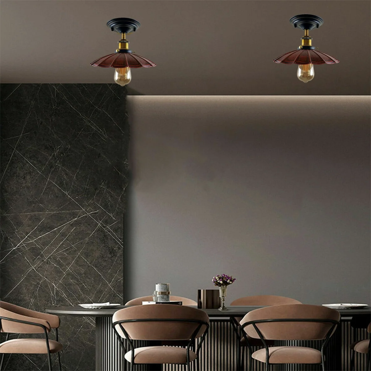 Flush‑mounted industrial ceiling light in brushed copper metal with a black shade, 4‑cm opening and E27 base.