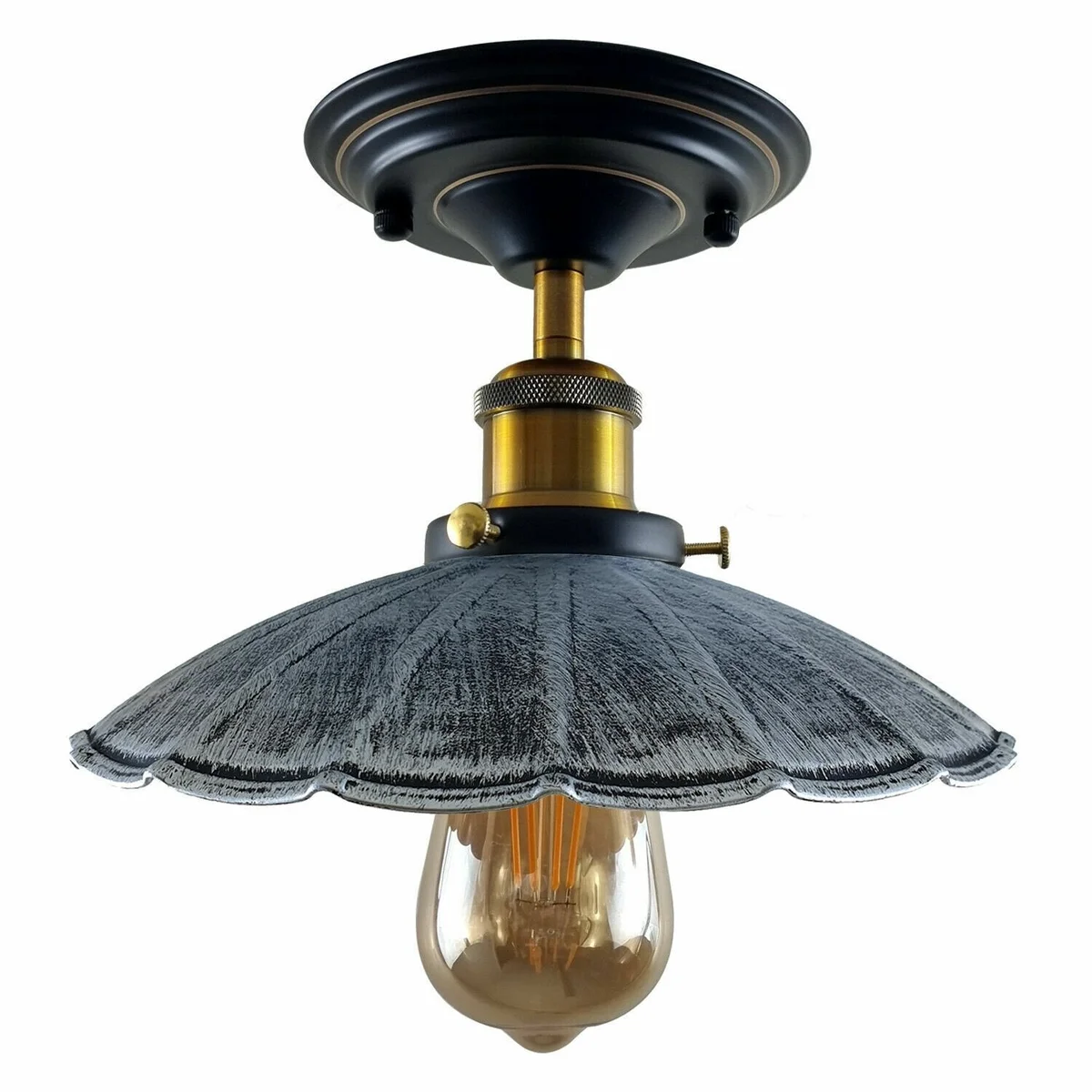Vintage industrial ceiling light with metal housing, recessed design, E27 base, in black or brushed copper.