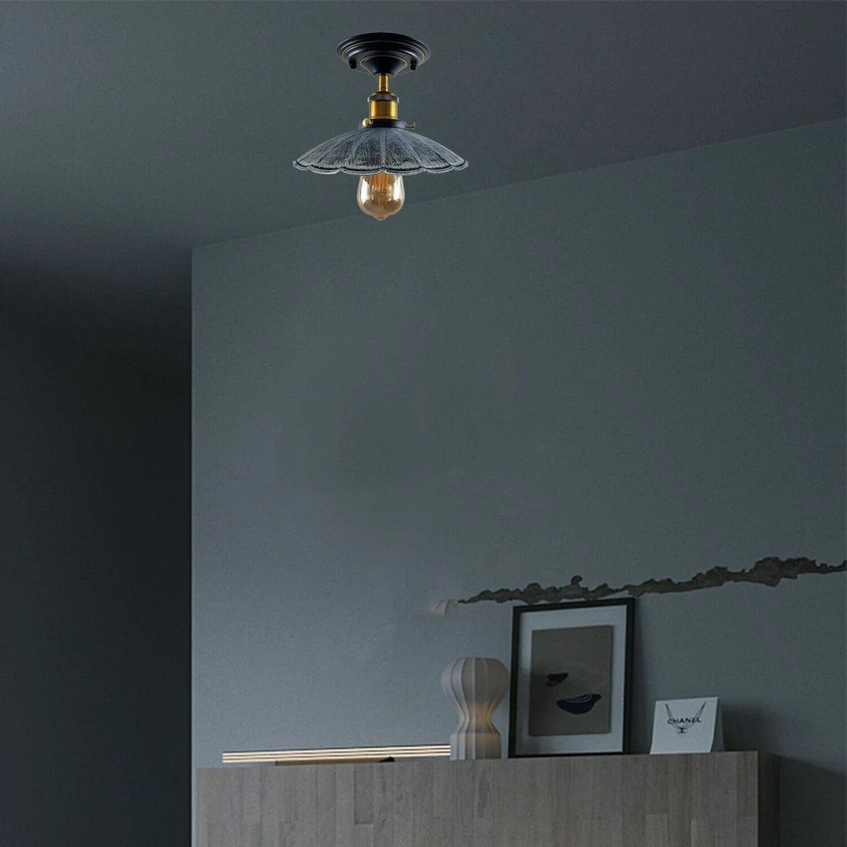Industrial ceiling light with metal bracket, flush mount, available in black and brushed copper.