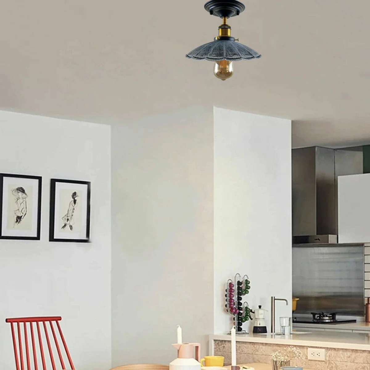 Vintage retro industrial ceiling light with metal base, available in black or metal shades, flush mount design.