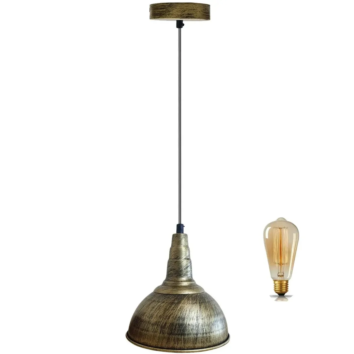 Vintage style adjustable pendant lamp with black metal dome shade and 3-core black wire hanging from ceiling rose