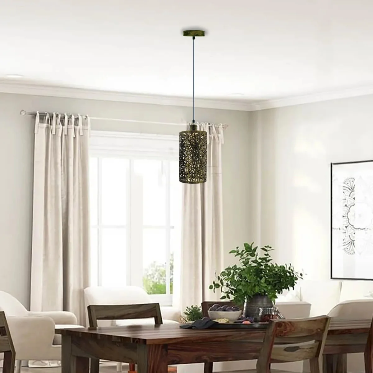 Brushed brass pendant light with drum cage metal shade and 95cm PVC cord, E27 base ceiling fixture for modern décor
