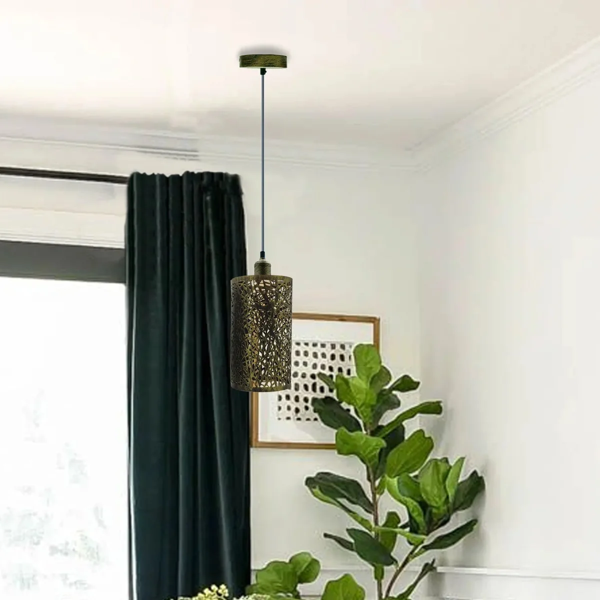Modern drum cage pendant light in brushed brass with E27 base ceiling light and 95cm PVC cable hanging from ceiling plate