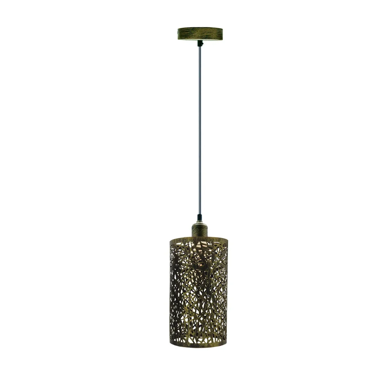 Brushed brass metal pendant lamp with drum cage shade and 95cm PVC cable hanging from ceiling fixture