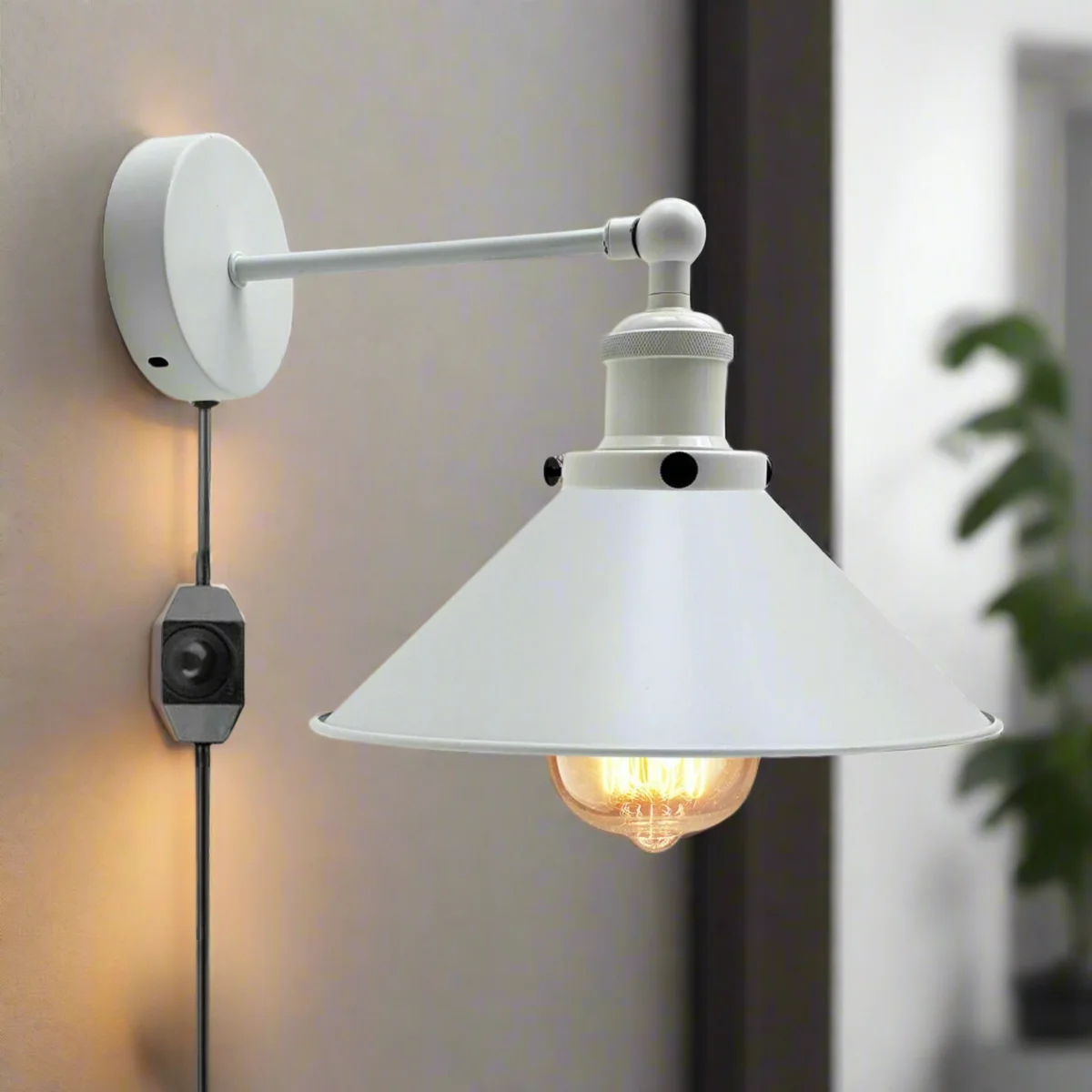 Modern Nordic metal plug-in wall sconces with white cable and dimmer switch, ideal for indoor ambient and task lighting