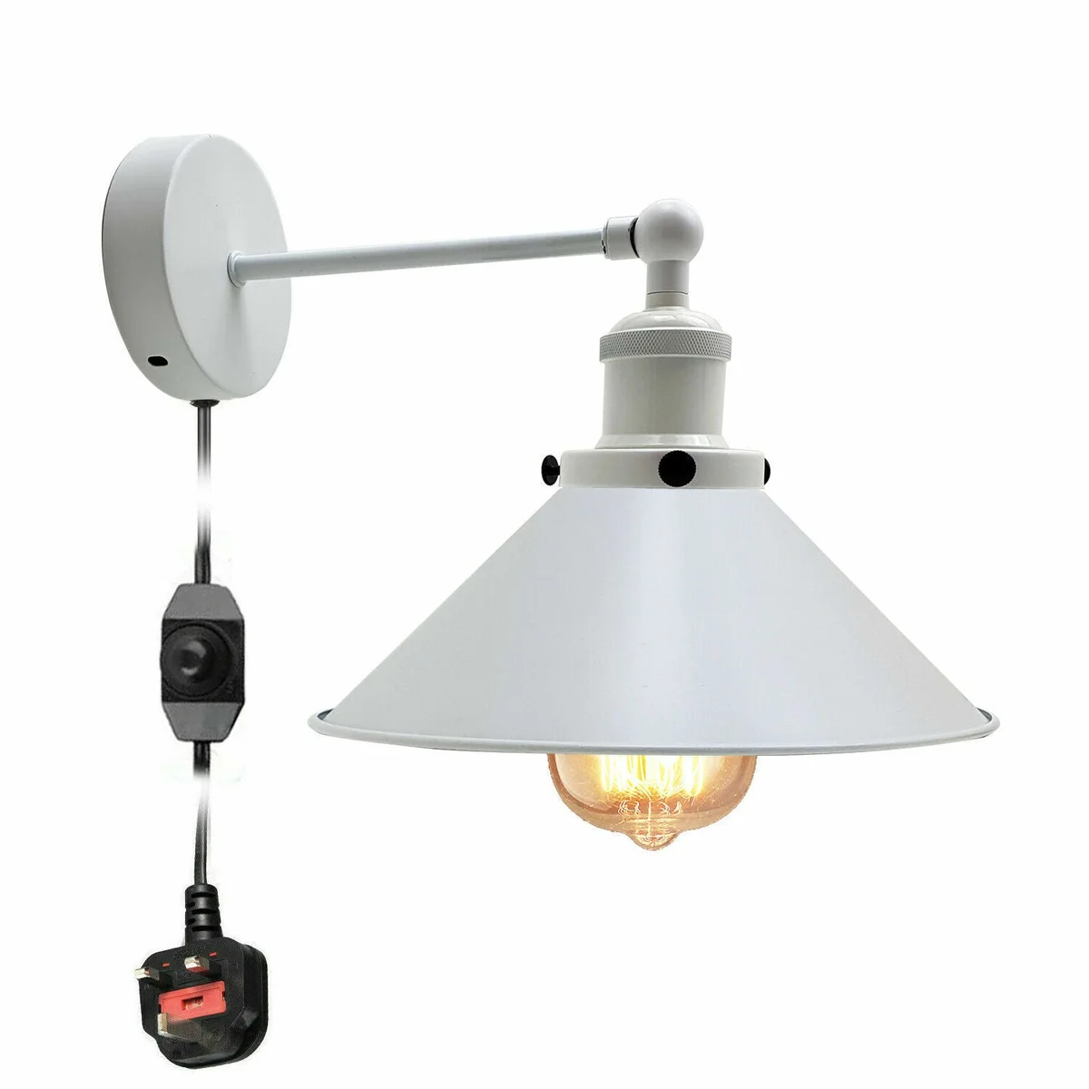 Modern Nordic metal wall sconce with E27 lamp holder lights, white cord, and plug-in dimmer switch for indoor use