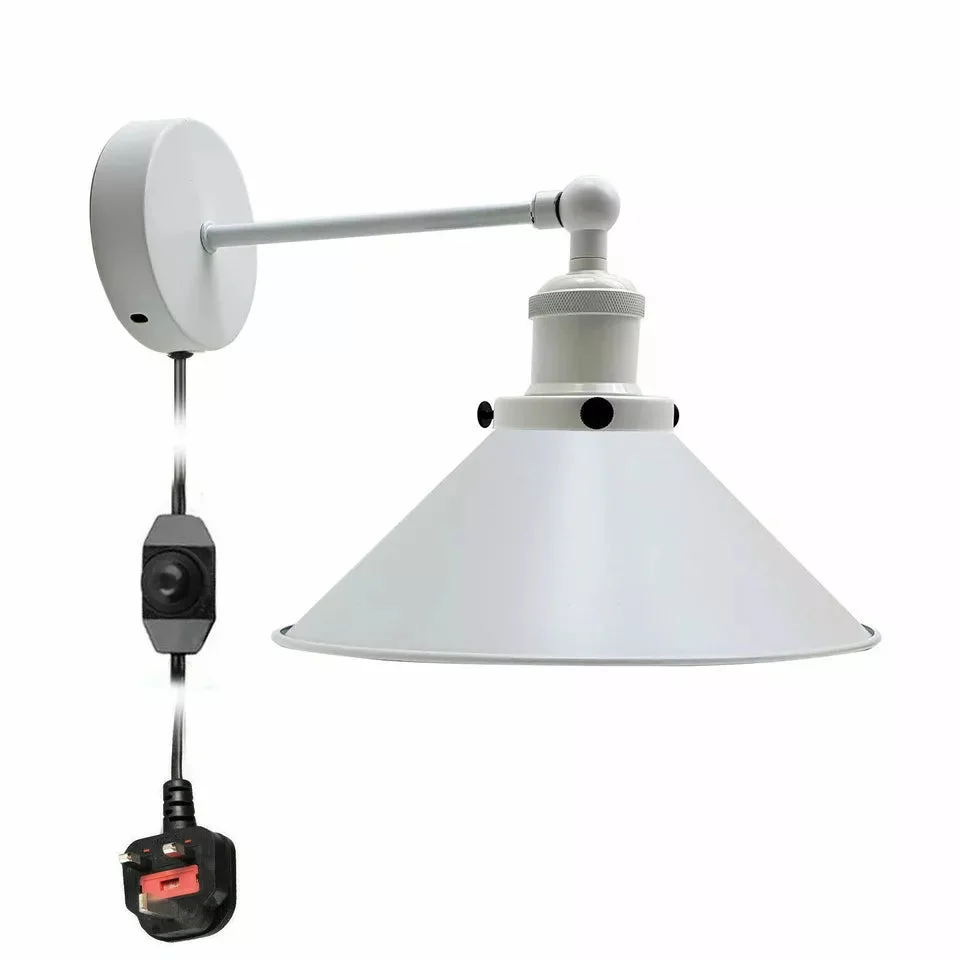 Modern metal plug-in wall sconces with white cable and dimmer switch, ideal for indoor ambient and task lighting
