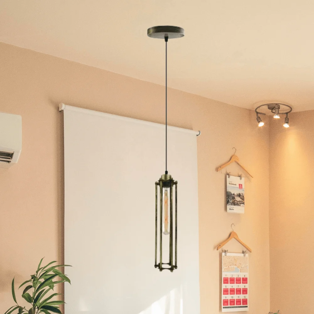 Adjustable pendant lighting with brushed brass cage design and warm white LED bulb, height adjustable up to 95cm