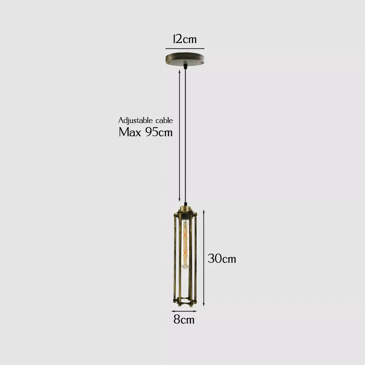 Adjustable E27 cage pendant light with brushed brass metal cage and warm white LED bulb hanging from ceiling rose