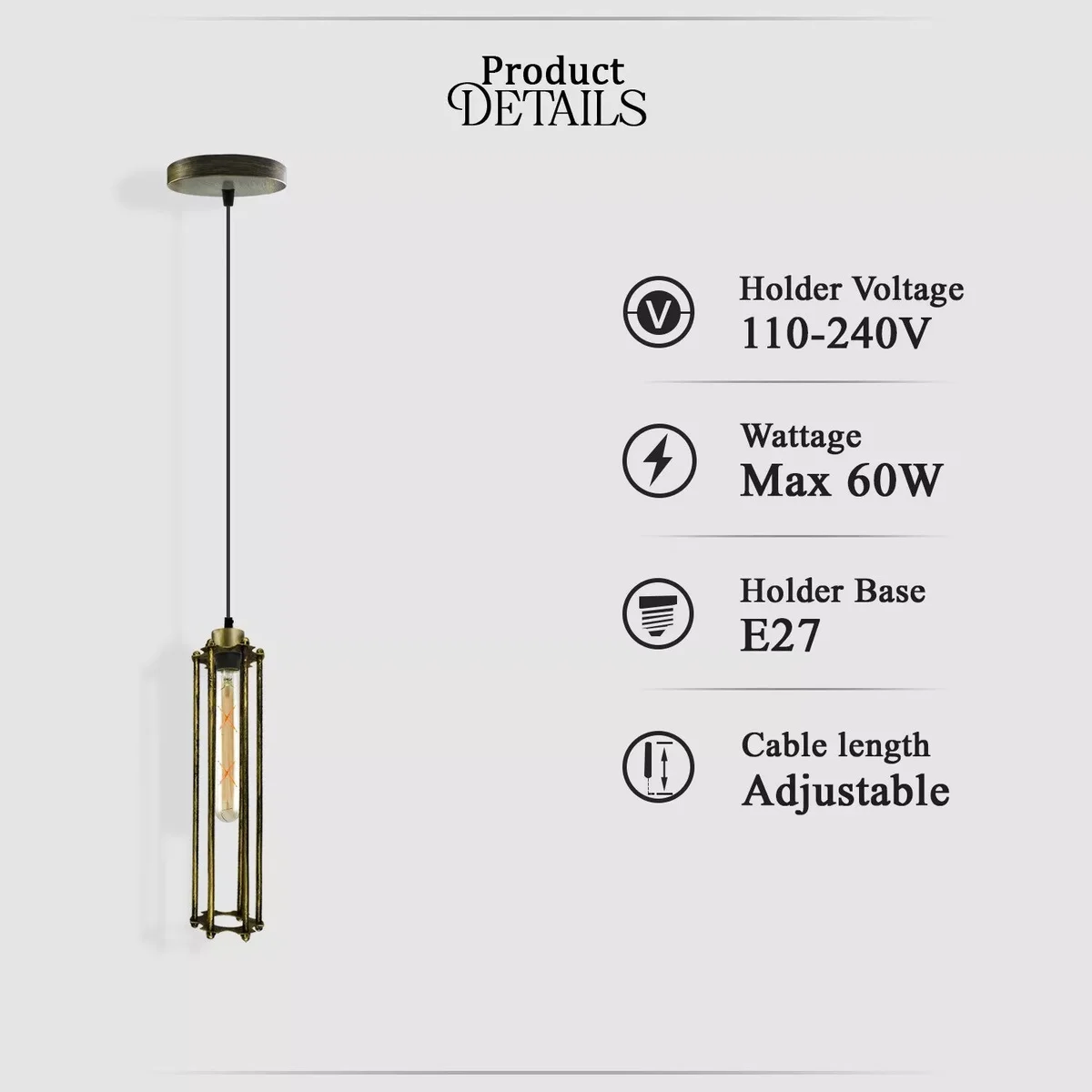 Brushed brass pendant with adjustable cage design and warm white LED bulb hanging against a white background