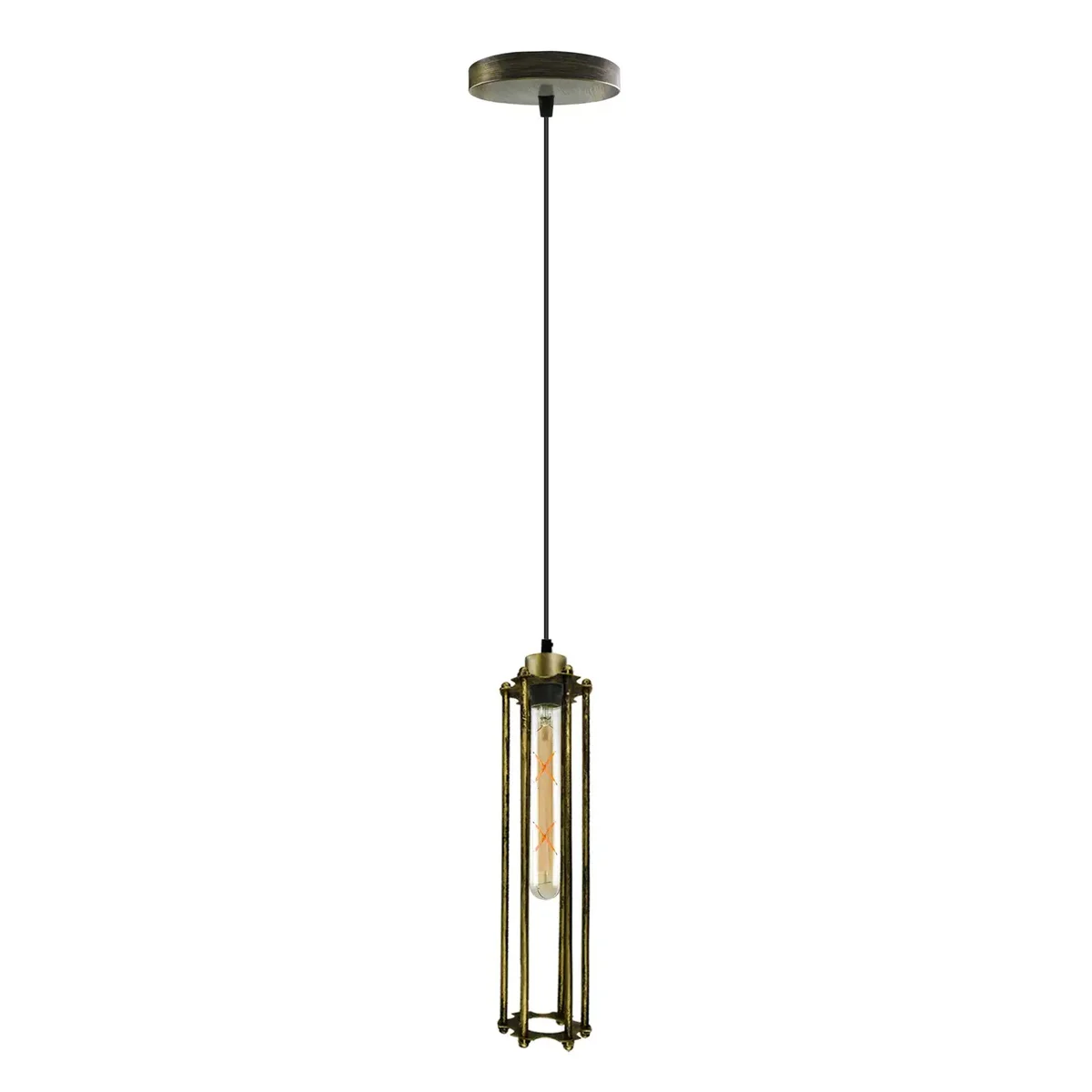 Adjustable brushed brass cage pendant light with warm white LED light and industrial tube-shaped shade hanging indoors