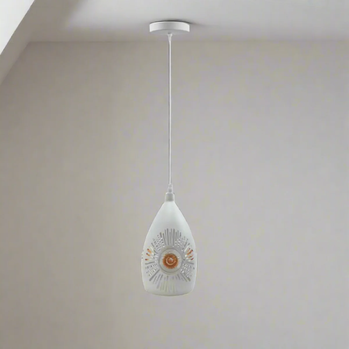 White pendant ceiling light with metal shade, hanging cord, and E27 bulb, suitable for indoor and sloped ceilings
