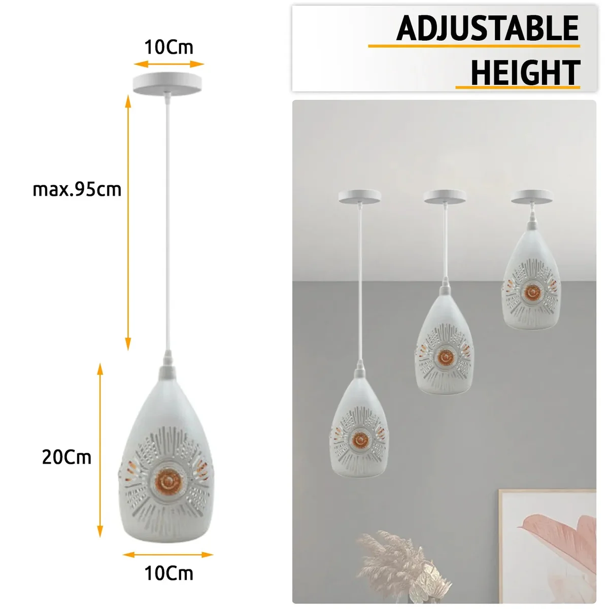 White metal pendant lamp with vintage style, adjustable hanging cable, and E27 bulb holder for indoor ceiling use