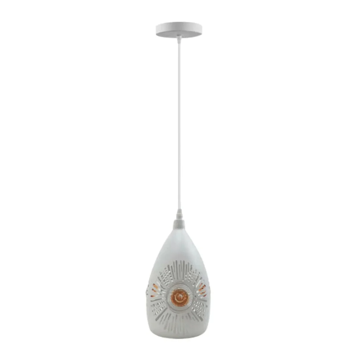 White metal vintage dimmable ceiling light pendant with adjustable cable and E27 bulb holder hanging on a sloped ceiling