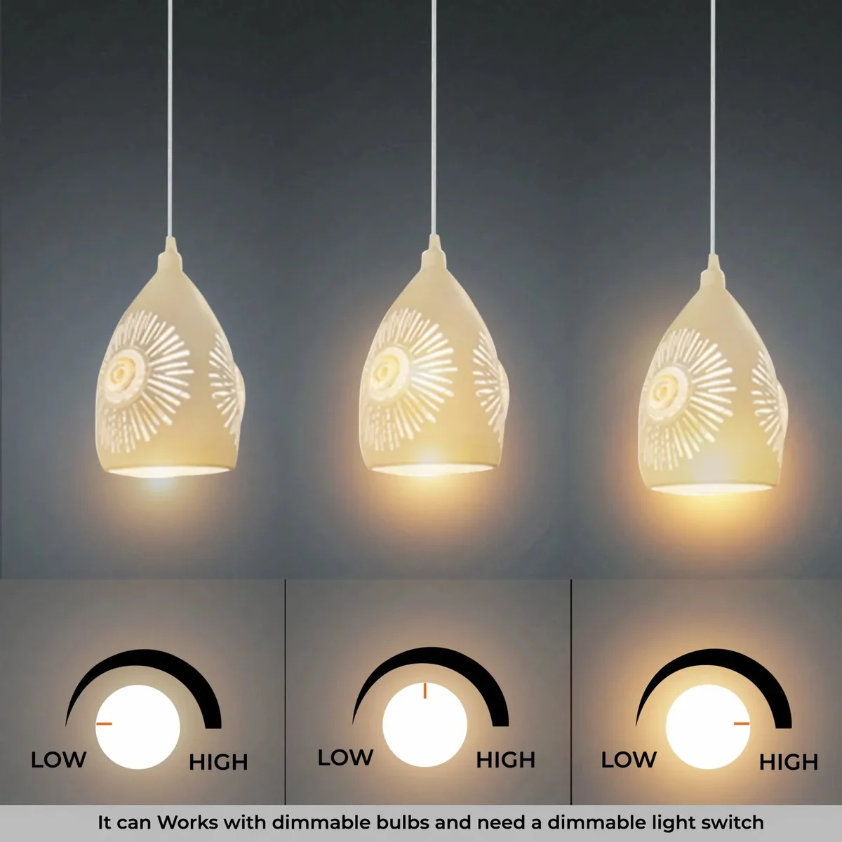 White vintage pendant light with metal shade hanging from adjustable cable, suitable for sloped ceilings and dimmable bulbs