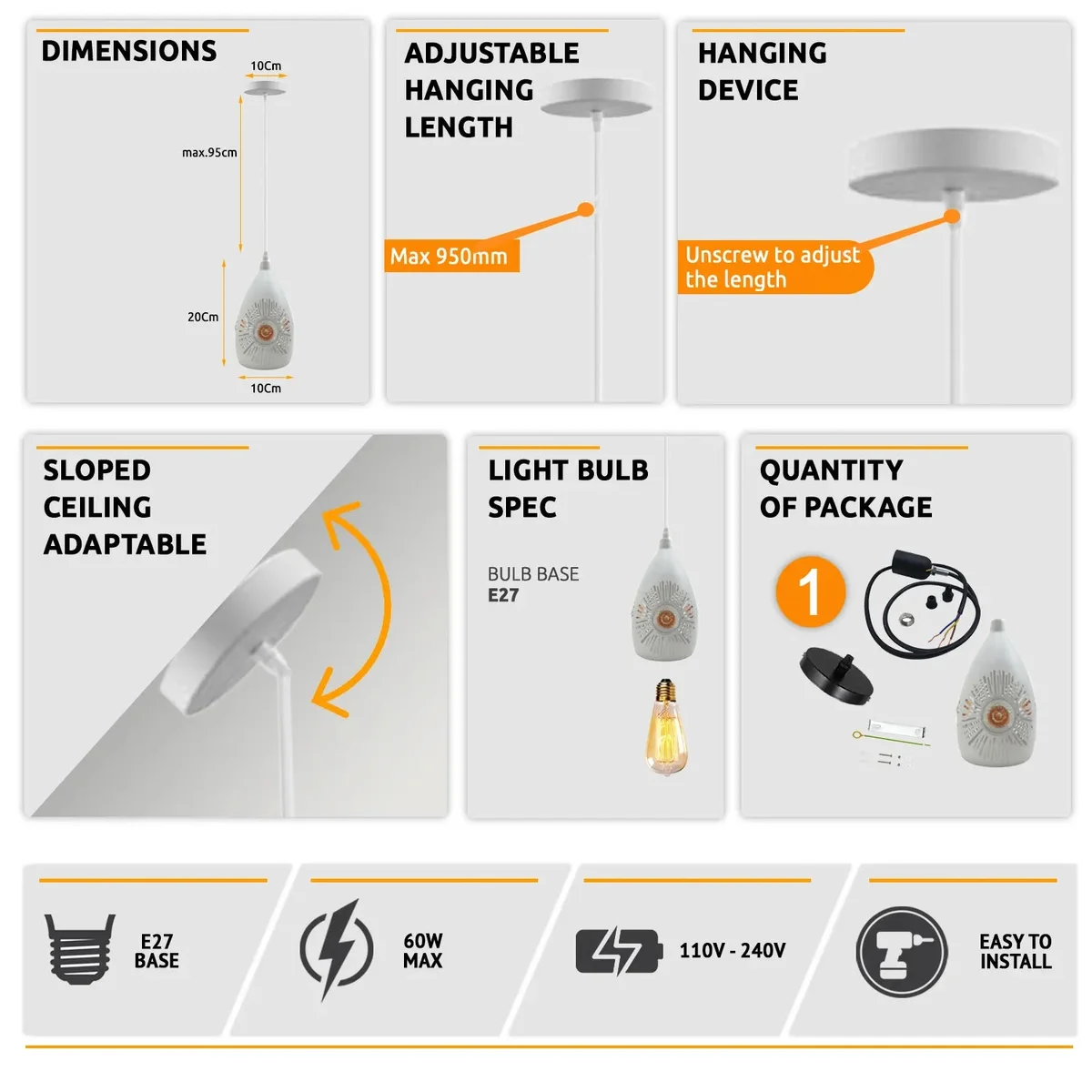 White pendant ceiling light with metal shade hanging from adjustable cable on a sloped ceiling indoors