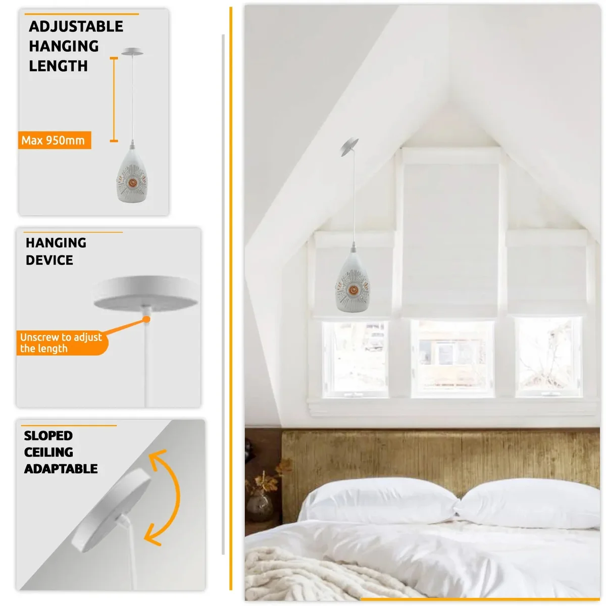 White pendant ceiling light with metal shade, hanging cord, and ceiling rose, suitable for sloped ceilings and dimmable bulbs