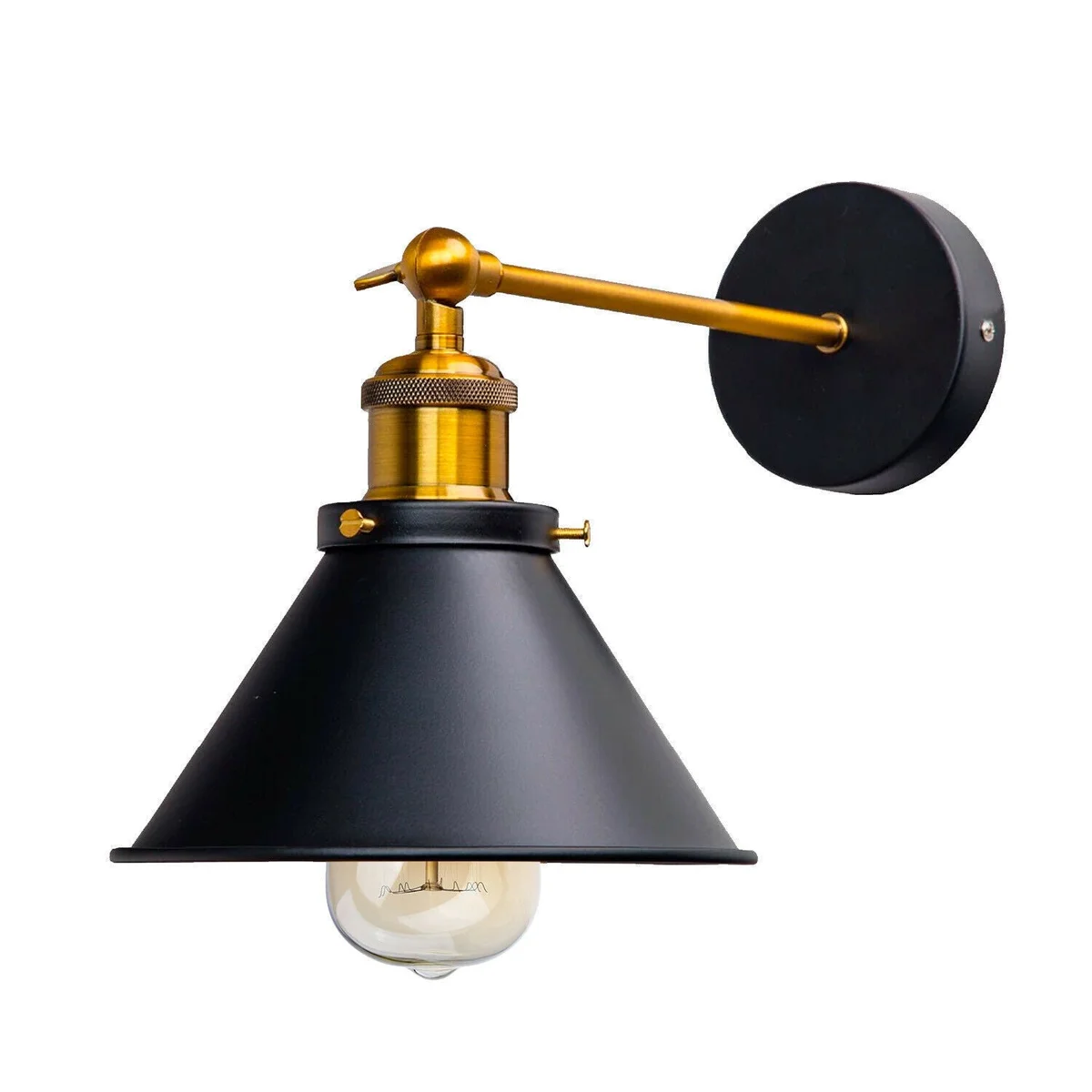 Black vintage wall light sconce with metal cone shade and adjustable arm for indoor use in living spaces