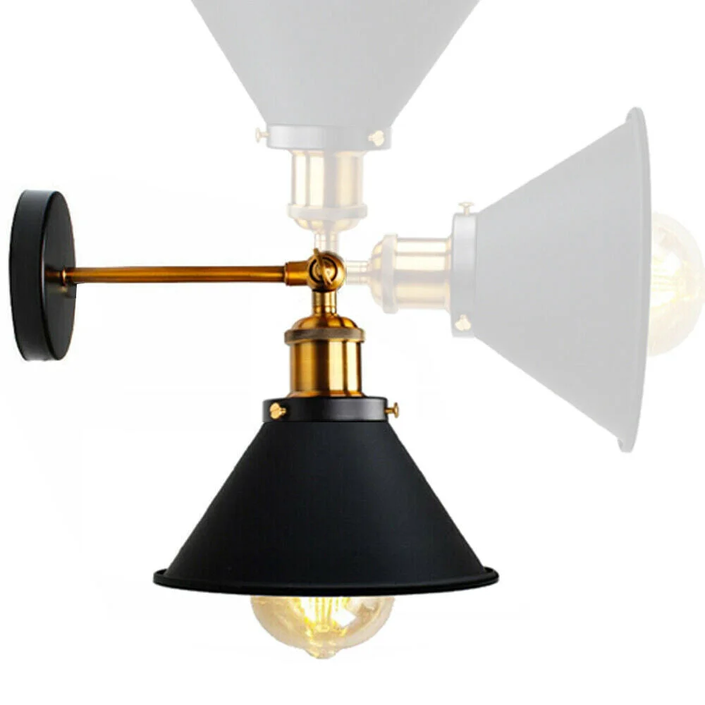 Black retro wall lamp with cone-shaped metal shade and adjustable arm, perfect for vintage industrial home decor
