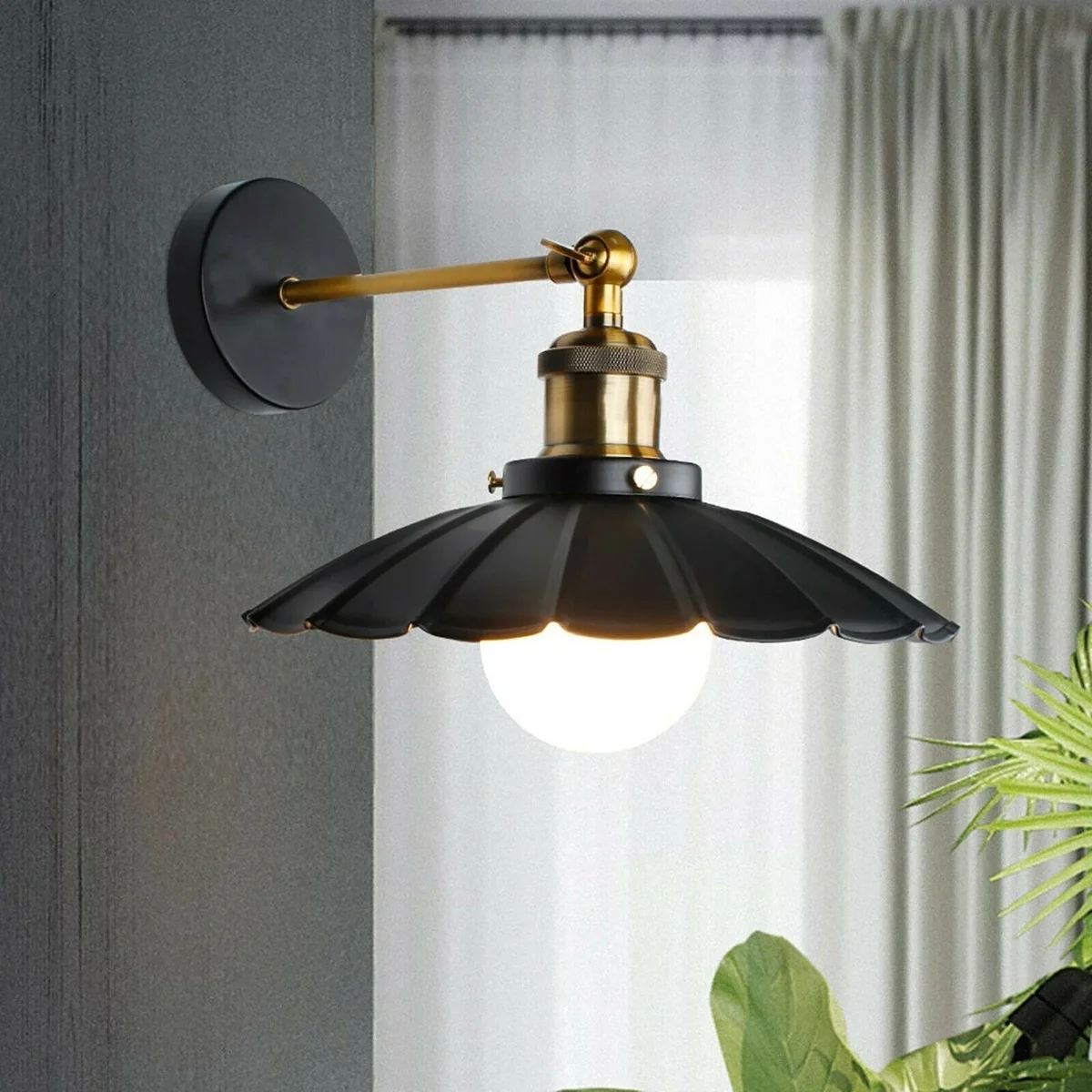 Black vintage E27 wall lamp with flat black metal shade and matching ceiling rose, industrial style fixture