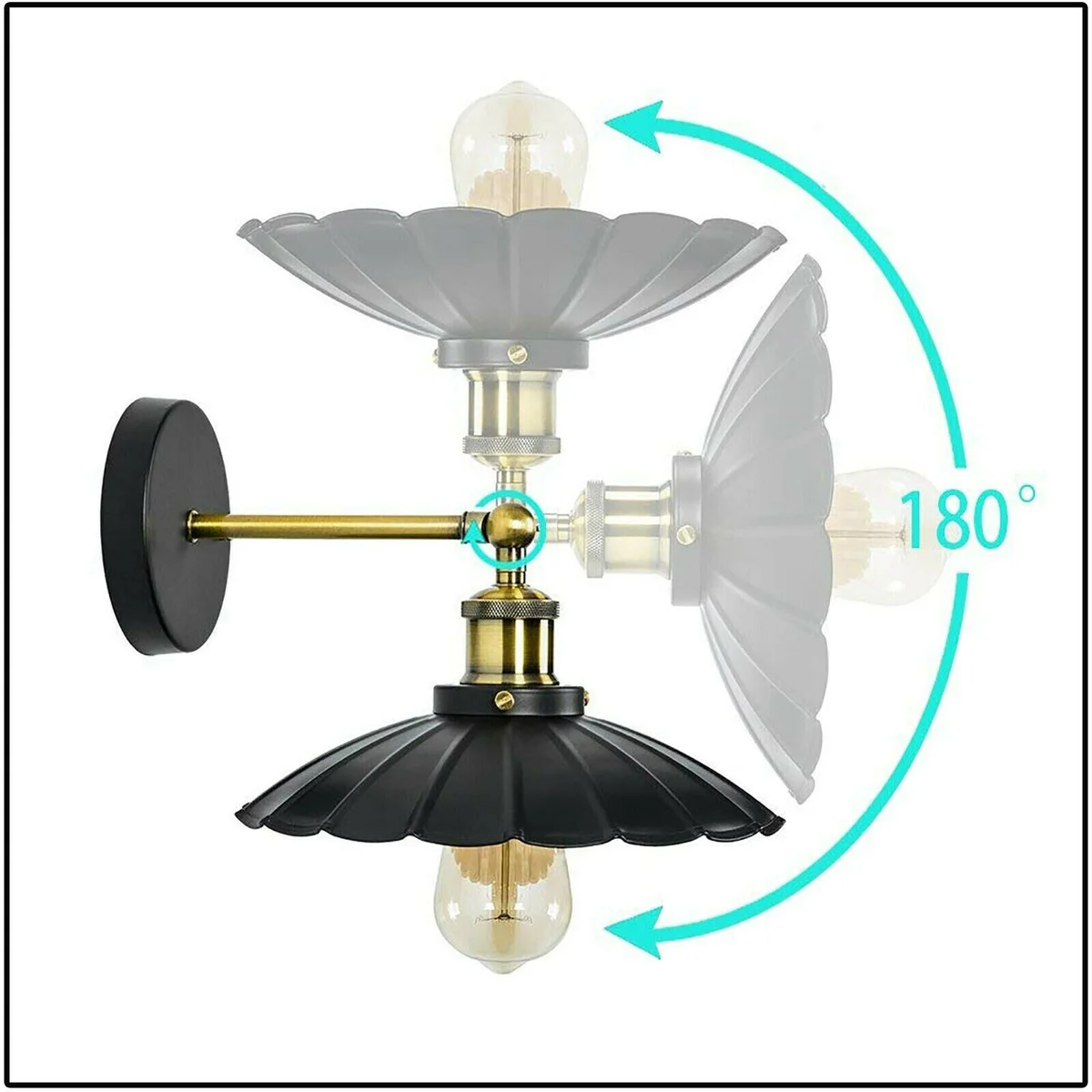 Black wall sconce with dome-shaped metal shade, E27 holder, and vintage industrial style for wall mounting