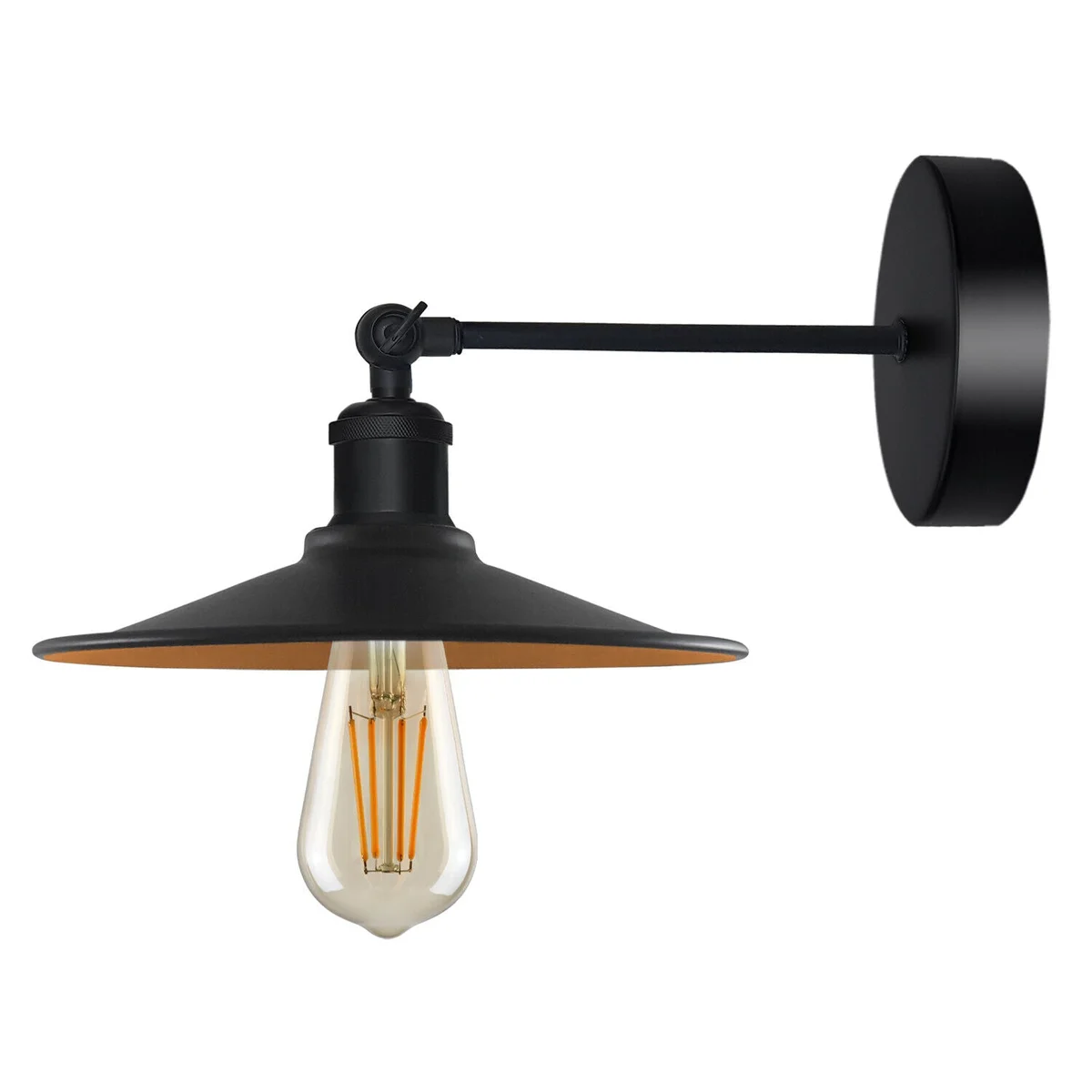 Black wall sconce with a flat black metal shade, E27 holder, and matching ceiling rose, vintage industrial style wall light