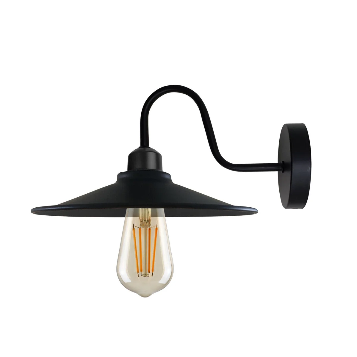Black wall sconce with flat dome metal shade, mounted on wall, vintage retro industrial style lamp fixture