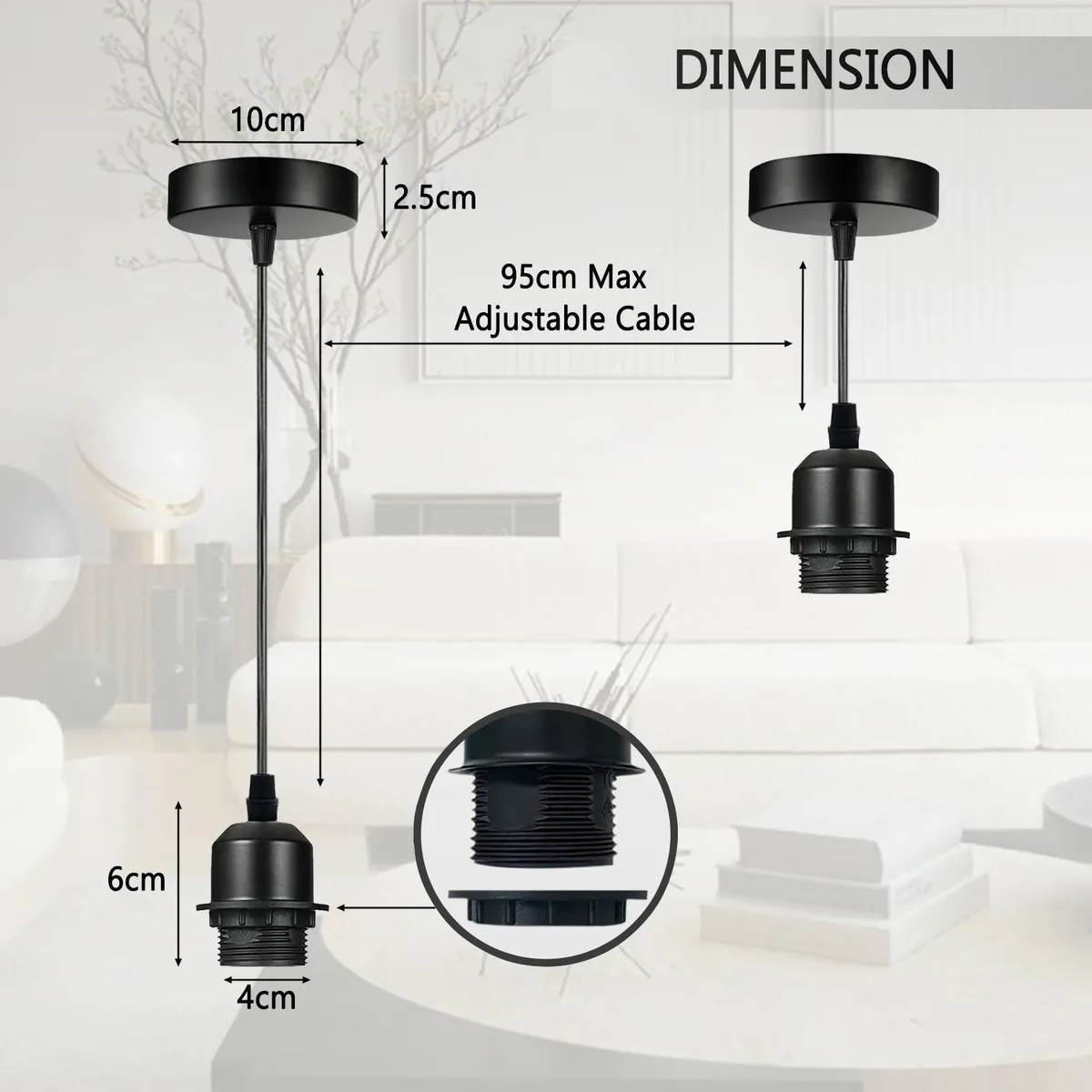 Vintage style E27 pendant light kit with metal holder, 95cm adjustable cable and ceiling rose for indoor use