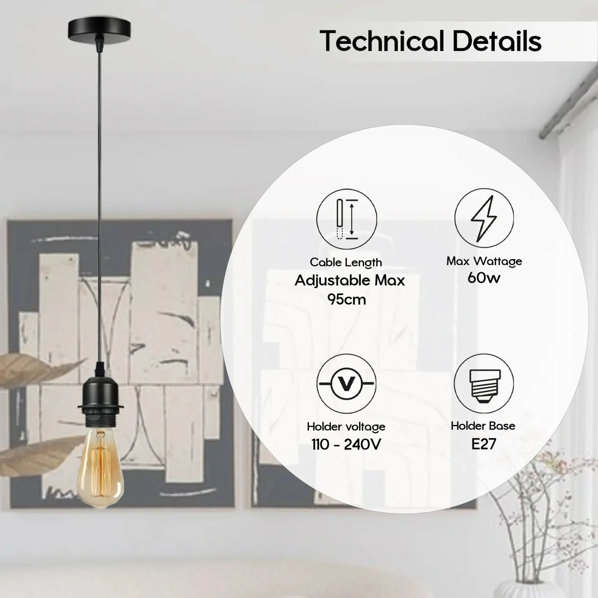 Dimmable vintage light holder with metal and PVC parts, E27 base, 95cm adjustable cable, and ceiling rose fittings