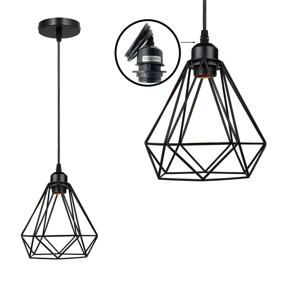 Vintage indoor pendant light fitting with metal E27 holder, 95cm adjustable cable, and ceiling rose components