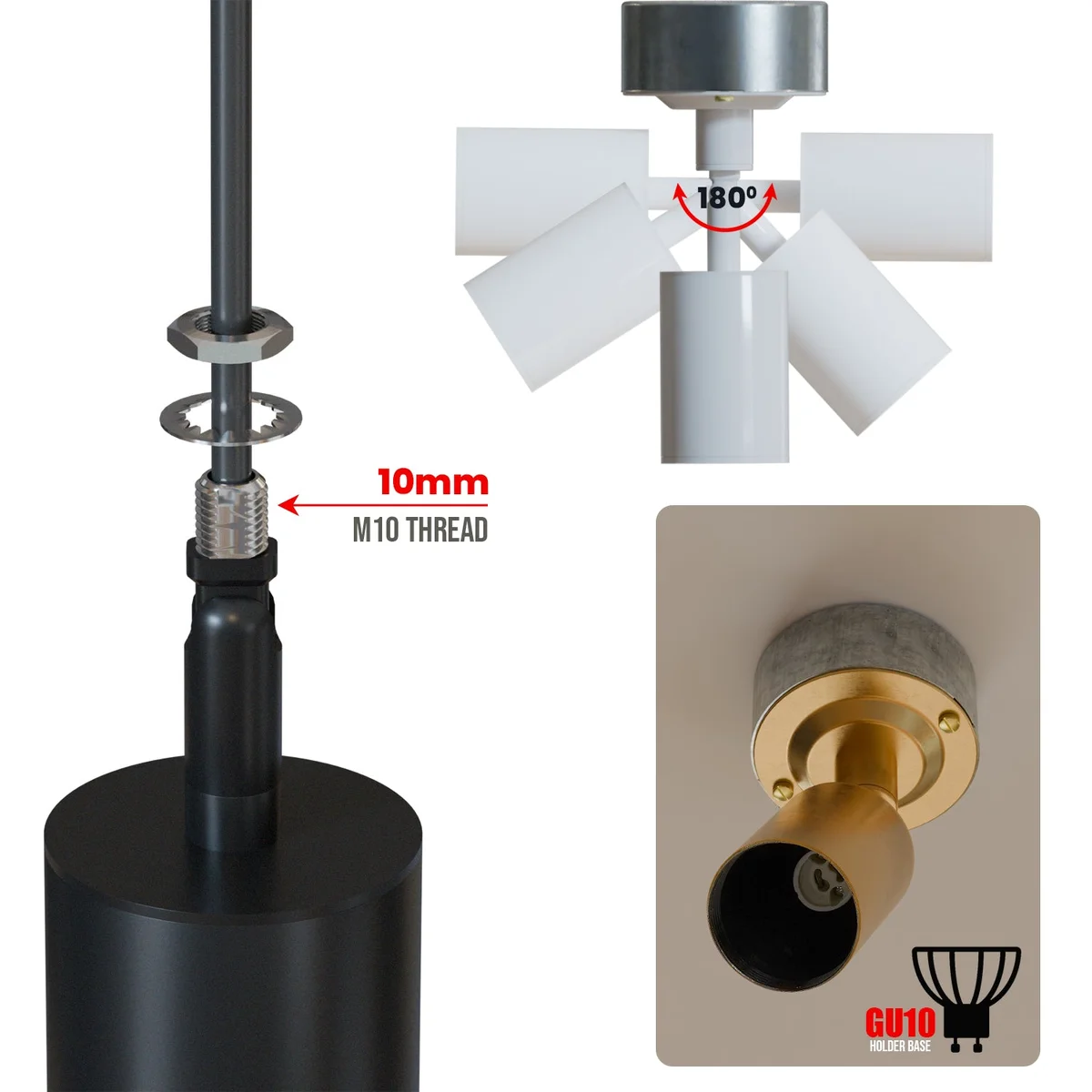 Matte metal GU10 lamp holder with cylinder shape, vintage style, suitable for standard GU10 bulbs up to 60W, indoor use