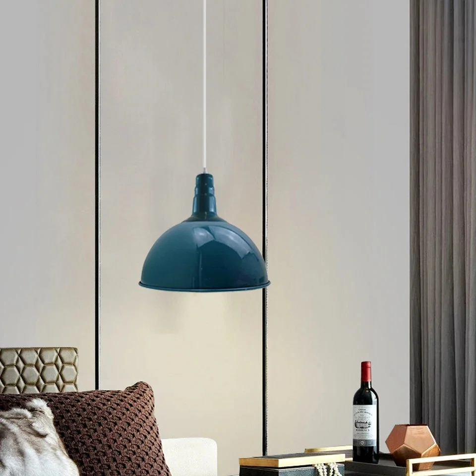Modern blue fabric pendant light with metal base hanging from ceiling, 30cm shade diameter, 95cm fabric cable length